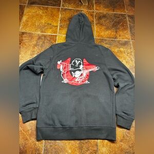 True Religion Black Hoodie with Red Graphic Buddha Playing Guitar